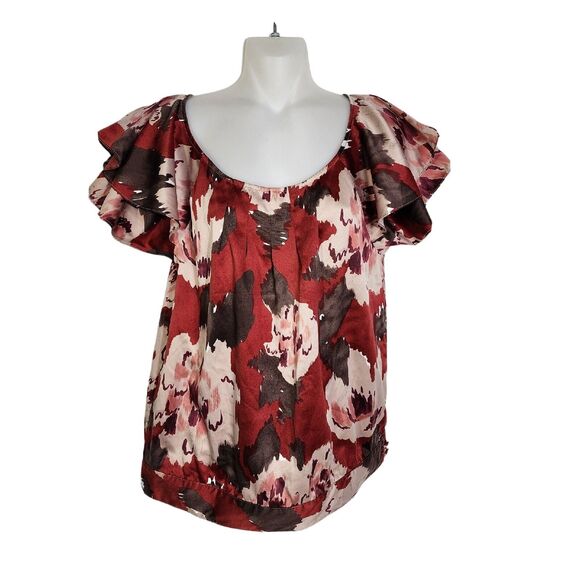 The Limited Womens Blouse Small Floral Short Ruffle Sleeve Pleated Neck Scoop - Picture 1 of 10